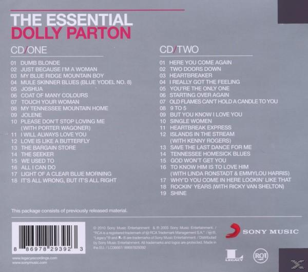 Albumborító hátulja: The Essential Dolly Parton. Számlisták két CD-n, albumborítóval és szöveggel.