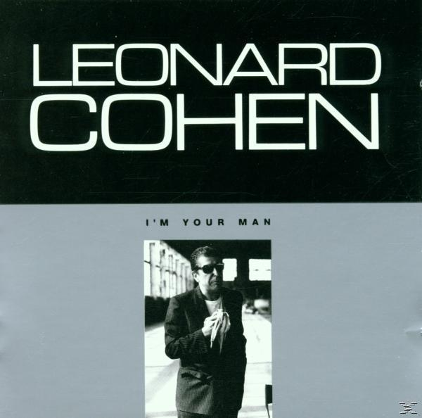 Albumcover: Leonard Cohen, I'm Your Man. Cohen im Anzug, Sonnenbrille, geht, hält eine Serviette.