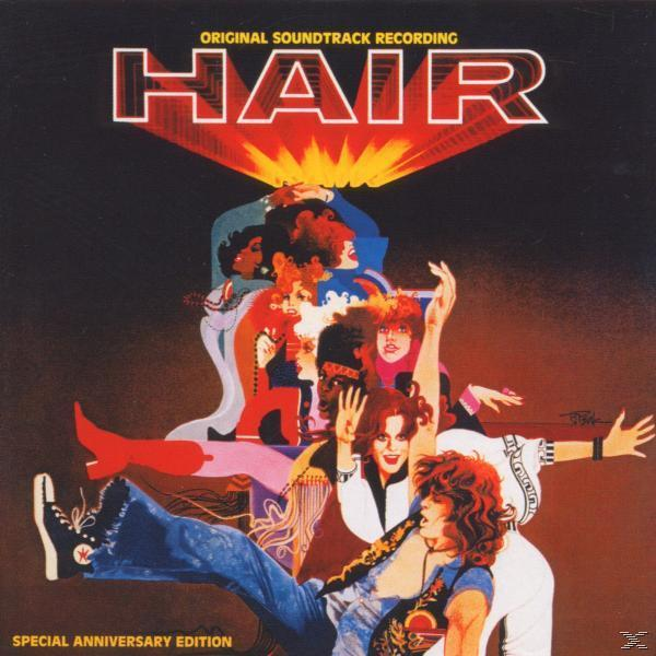 Albumcover für 'Hair'. Illustration von Menschen mit lebendigem Haar, auf dunklem Rot und Schwarz.