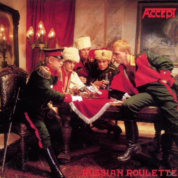 Albumcover, Band in Militäruniformen um Tisch mit Pistole, Titel "Russian Roulette".
