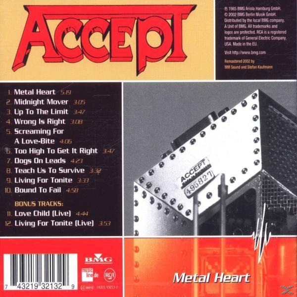 Accept-Albumcover. Roter und weißer Text mit Titelliste und metallischem Hintergrund.