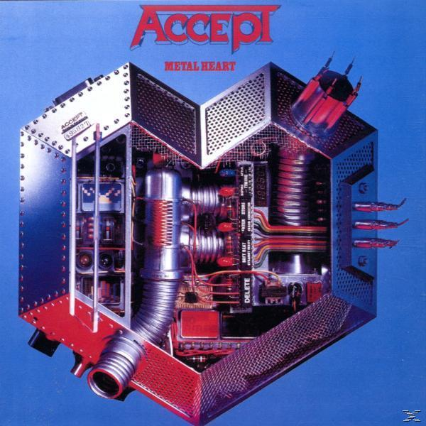 Albumcover: Metal Heart, ein Herz aus Metall und Maschinen. Akzeptieren Logo.