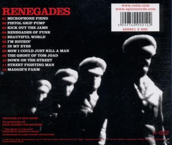 Albumcover: Rage Against the Machine, Renegades. Schwarzes Cover mit Songtiteln und Band-Silhouetten.