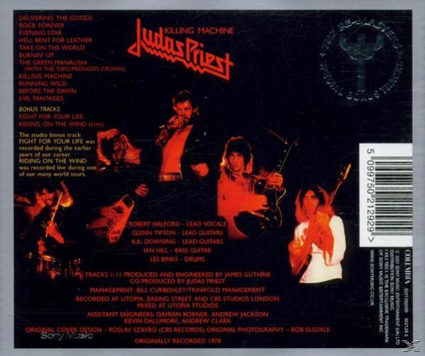 Rückseite des Judas Priest Killing Machine CD-Covers mit Bandmitgliedern und Titelliste.