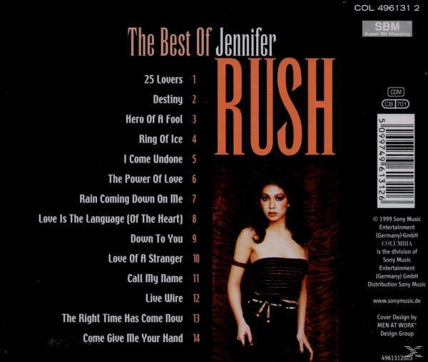 Album-Rückseite, Jennifer Rush Album. Rushs Name in großem Schriftzug. Titelliste des Albums und Rushs Foto.