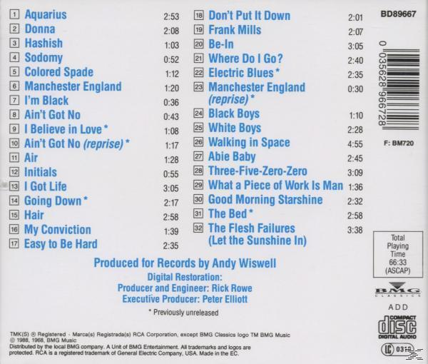 Album-Rückseite, Trackliste und Credits. Weißer Text auf blauem Hintergrund. CD.