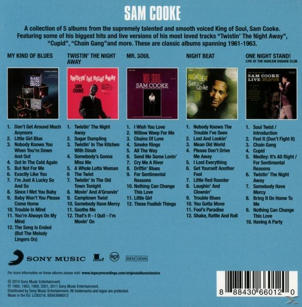 Albumcover. Sam Cooke, mit Albumtiteln und Songlisten. Der Hintergrund zeigt ein rot-schwarzes Bild.