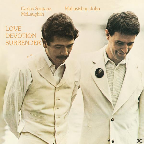 Albumcover mit Carlos Santana und Mahavishnu John. Beide Männer sind weiß gekleidet und lächeln.