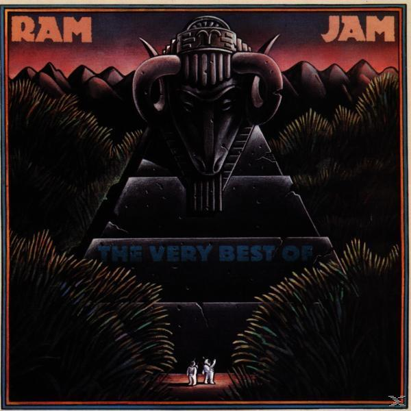 Albumcover mit Pyramide, Widderhörnern und Figuren vor Sonnenuntergang, Ram Jam.