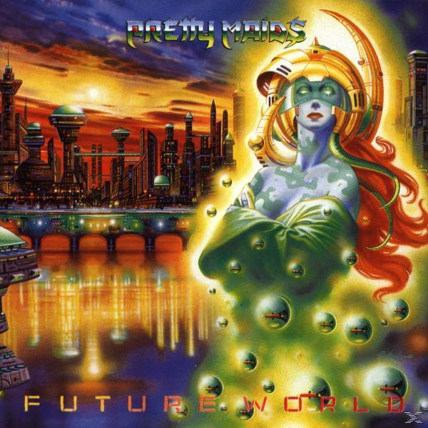 Albumcover: Pretty Maids 'Future World'. Eine Frau in futuristischem Setting mit Stadtkulisse.