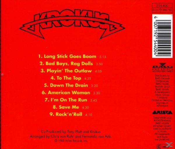 Albumcover, roter Hintergrund mit Trackliste. Bandname 'Krokus' oben in Schwarz.