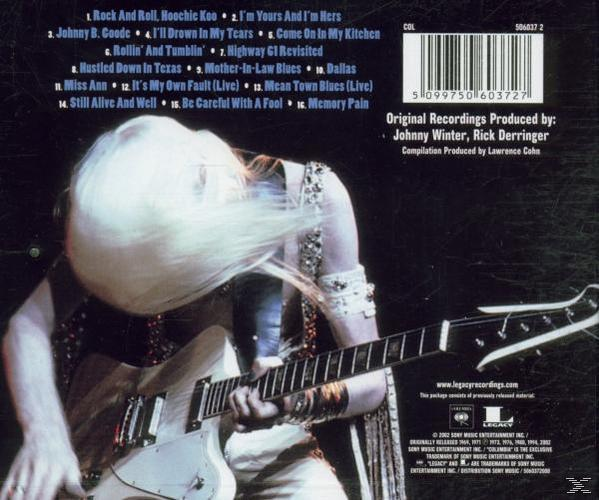 CD-Rückseite mit einem Bild eines Gitarristen und einer Trackliste.