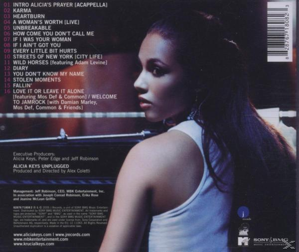 Alicia Keys-Albumcover. Eine Frau, Profilaufnahme, auf dem Cover mit Text und Details.