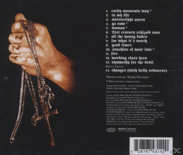 Album-Rückseite mit Hand, Kette, Kreuz und Titelliste.