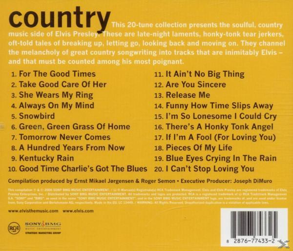 Album borító, Elvis Presley, Country. Számlista 20 dallal. Sárga háttér. Fehér szöveg.