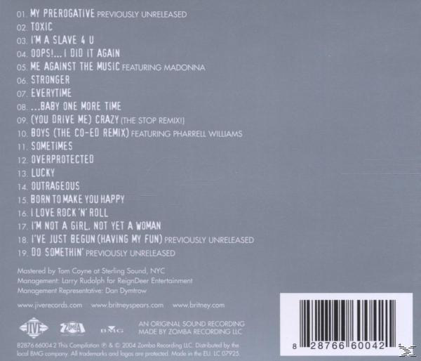 Albumcover mit Titelliste, mit Britney Spears. Grauer Hintergrund, weißer Text und ein Barcode.