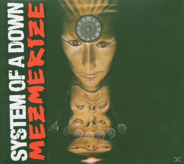 Albumcover 'Mezmerize' von System of a Down. Gesicht mit Uhr-Augen, Gesichtsreflexion, grüner Hintergrund.