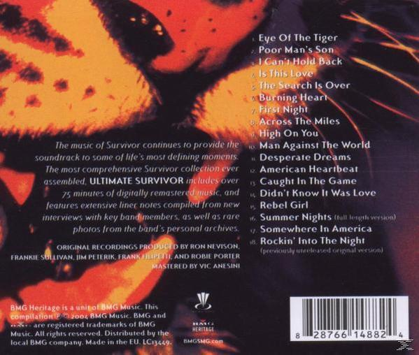 Albumrückseite: Text über die Musik von Survivor, eine Titelliste und ein Barcode. Der Hintergrund ist dunkel und strukturiert.