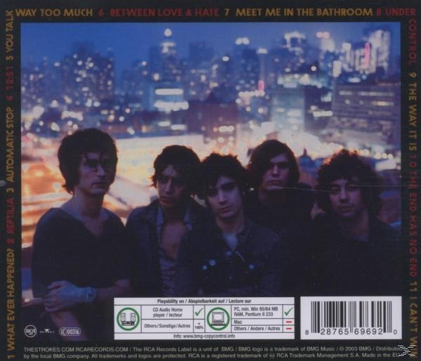 Albumcover der Band The Strokes. Fünf Männer vor Stadtlichtern.