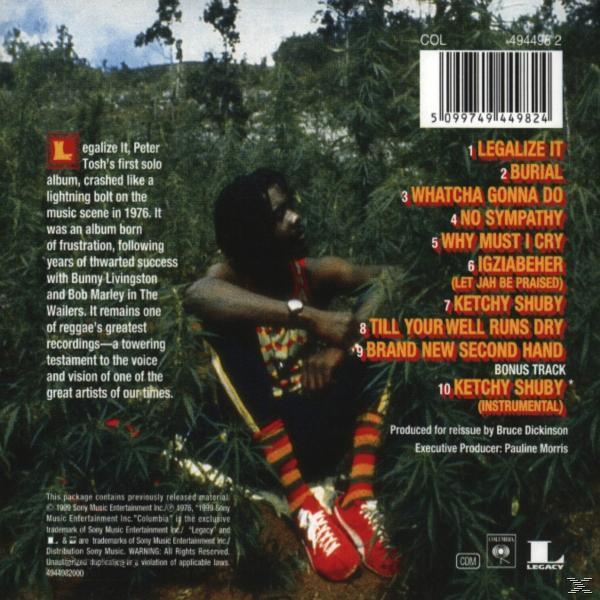 Rückseite des Albums Legalize It von Peter Tosh, Foto von Tosh, Titelliste und verschiedener Text.