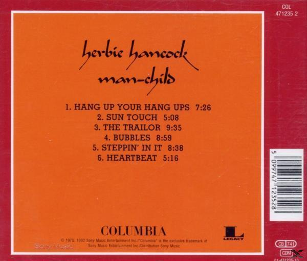 Albumcover. Herbie Hancock, Man-Child. Oranger Hintergrund, weißer Text. Titelliste in der Mitte.