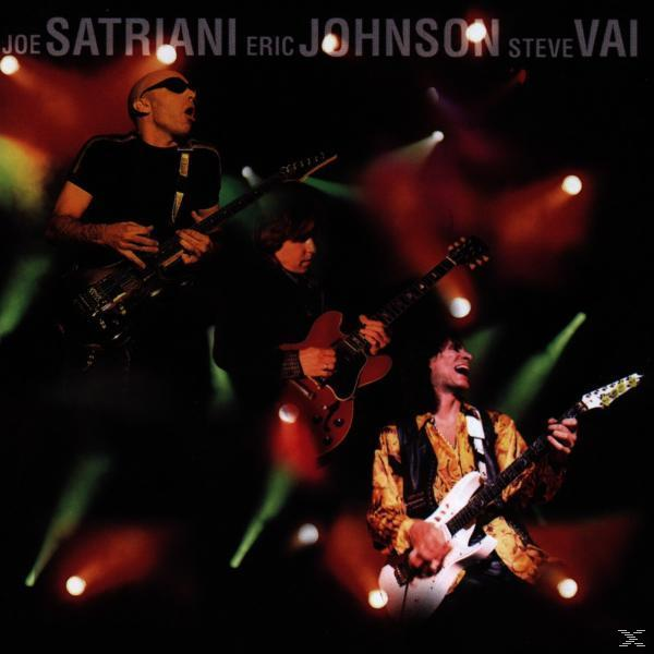Albumcover: Drei Gitarristen auf der Bühne mit Scheinwerfern. Joe Satriani, Eric Johnson, Steve Vai.