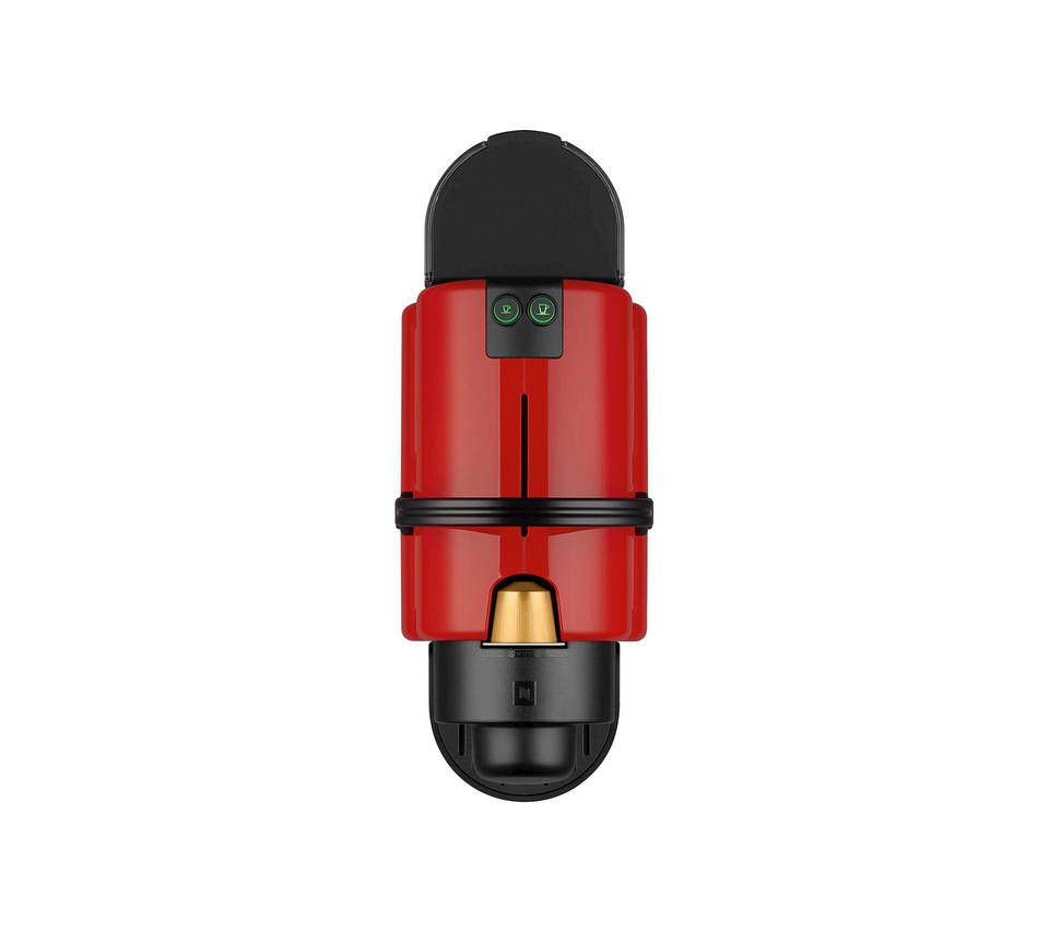 Rote und schwarze Nespresso-Kaffeemaschine, Draufsicht, freigestellt auf Weiß.