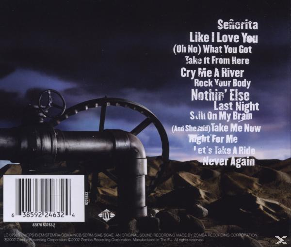 CD-Cover mit industriellen Elementen: Rohre, Himmel und Text. Titelliste auf der Rückseite. Dunkel und stimmungsvoll.