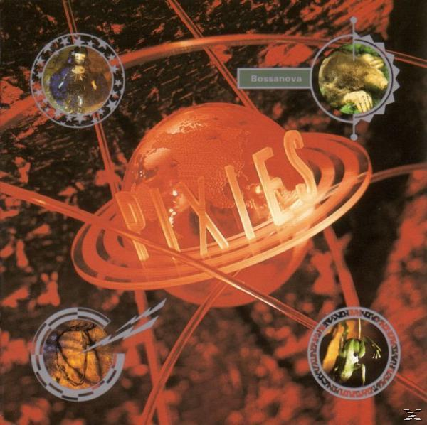 Album borító. Pixies, Bossanova. Narancssárga gömb a Pixies szöveggel. Piros és fehér vonalak és szimbólumok.
