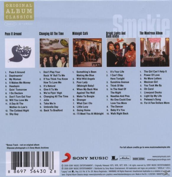 Smokey-Albumcover. Enthält eine Album-Titelliste und Fotos der Bandmitglieder.