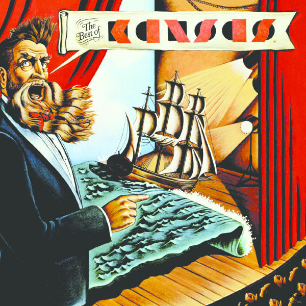 Kansas-Albumcover. Ein Mann schreit, ein Schiff auf dem Wasser, Bühnenvorhänge, Titel: The Best Of.