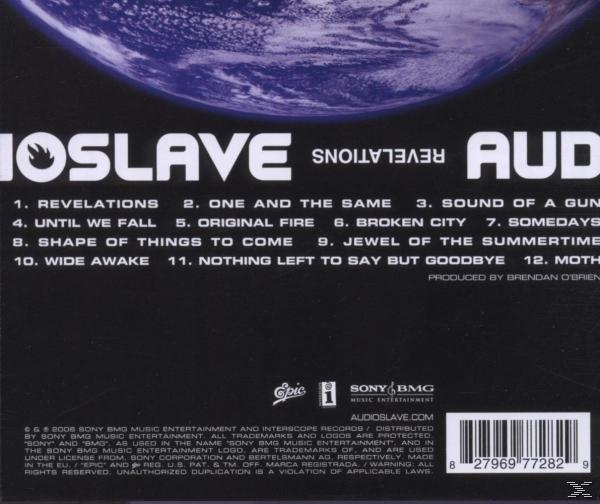 Rückseite einer CD mit einem Planetenbild und Text. Text: Audioslave Revelations.