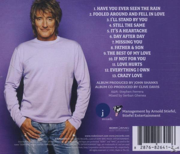 Albumcover von Rod Stewart mit Trackliste auf lila Hintergrund.