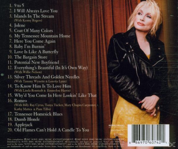 CD-Rückseite mit Dolly Parton darauf. Sie trägt eine Lederjacke und ein gelbes Kleid.