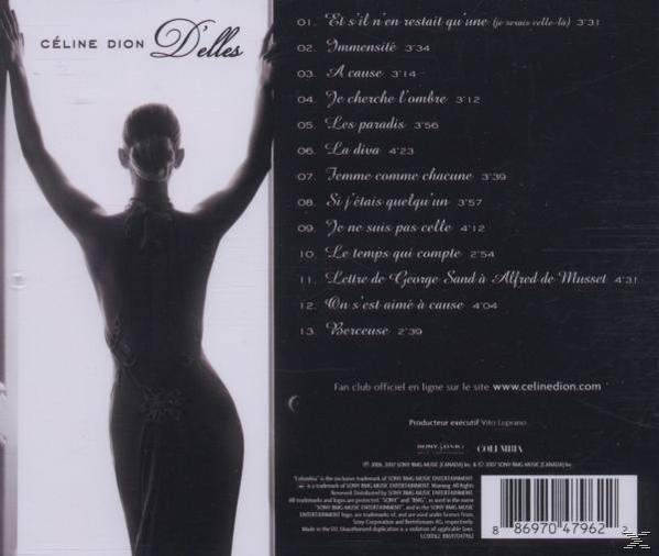 CD borító, Céline Dion, sziluett hosszú ruhában, a dalok listája jobbra.