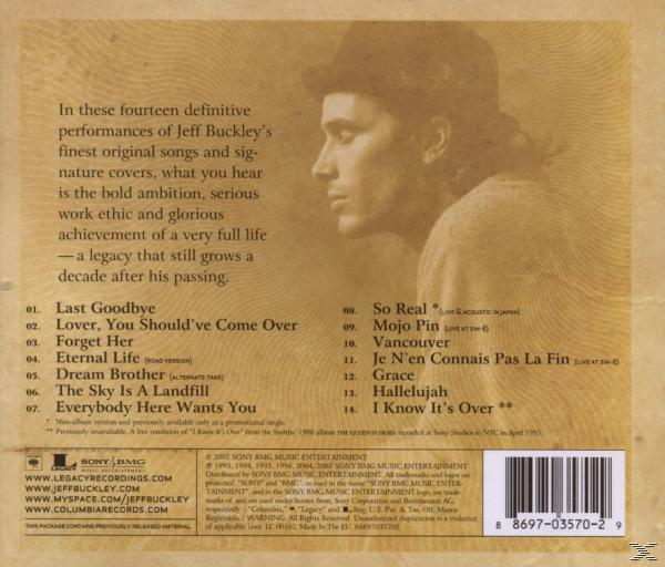 Jeff Buckley Album-Rückseite, Porträt, Titelliste und Informationen.