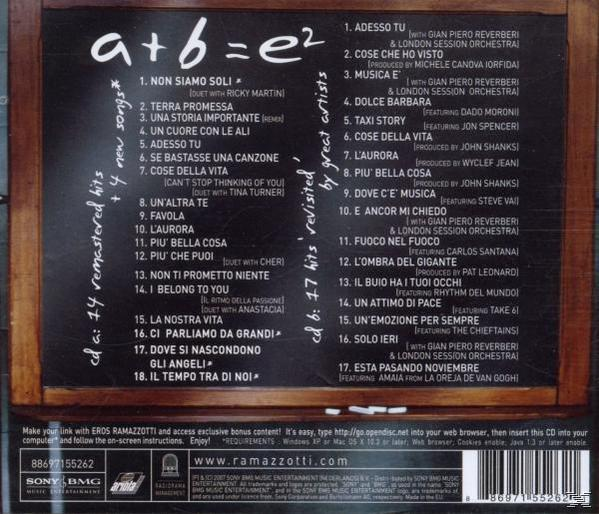 Pochette de CD. L'artiste est Eros Ramazzotti. Le titre est 'a + b = e2'. Les paroles sont sur le côté gauche.