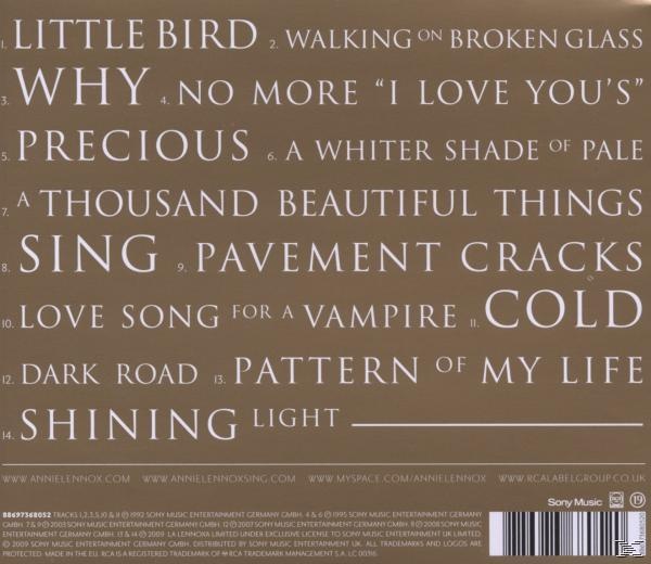 CD-Cover mit Songtiteln. Der Text ist weiß auf hellbraunem Hintergrund. Das Cover ist für Annie Lennoxs Album.