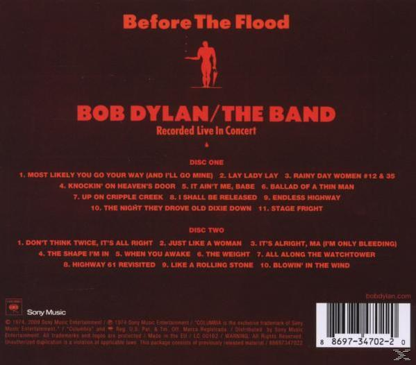 Albumcover, roter Text auf braunem Hintergrund, mit Bob Dylan und The Band.