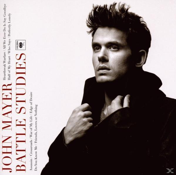 Album borító. Fekete kabátos férfi, aki elnéz. Szöveg: John Mayer, Battle Studies, dalcímekkel.