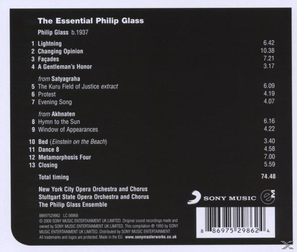Album hátlapja: Fekete háttér szöveggel és vonalkóddal. A cím 'The Essential Philip Glass'.