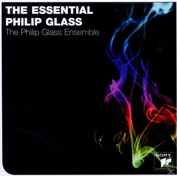 A 'The Essential Philip Glass' album borítója, színes füstszerű dizájnnal feketén.