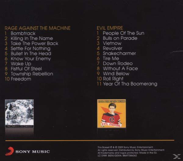 Albumcover mit zwei Titellisten: "Rage Against The Machine" und "Evil Empire".