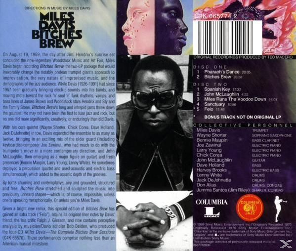 Albumcover: Miles Davis, Text über das Album, Gesichter und Tracklist auf buntem Hintergrund.