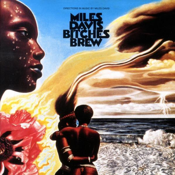Albumcover mit Profil einer schwarzen Person, abstrakter Kunst und Text: Miles Davis, Bitches Brew.