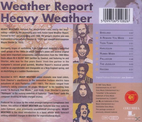 Rückseite des Albums 'Weather Report' mit Fotos der Bandmitglieder und der Titelliste.