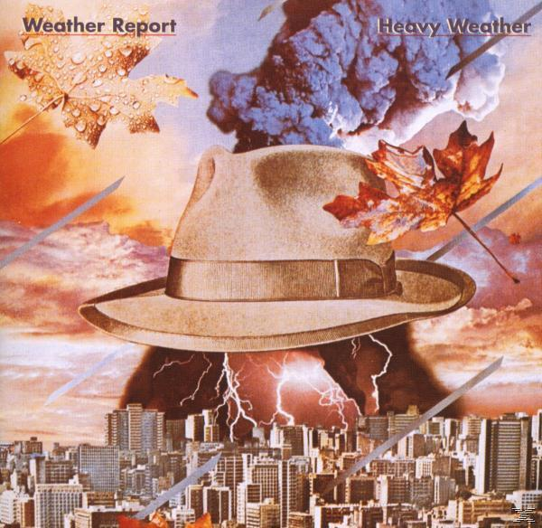 Albumcover: Ein Hut schwebt über einer Stadt, stürmischer Himmel und Blitze, mit den Worten Weather Report.
