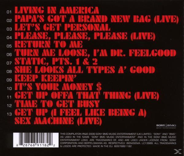 James Brown album achterkant. Tracklist in rode tekst op zwarte achtergrond. Streepjescode onderaan.