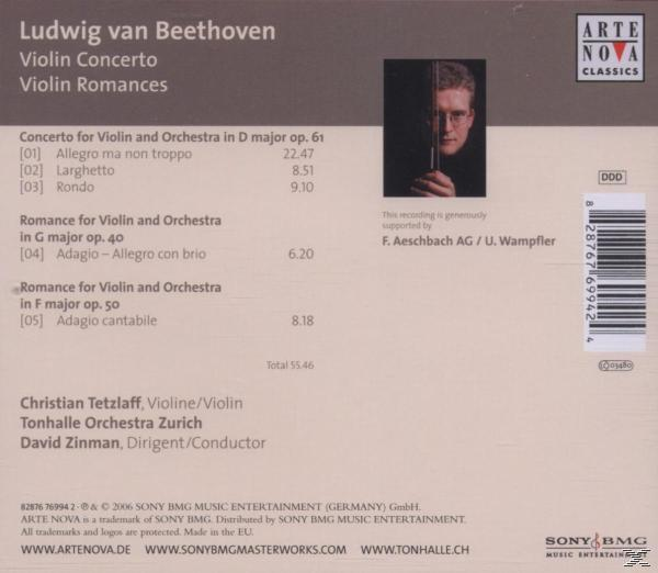 CD-Rückseite mit Text. Enthält die Titelliste und das Bild eines Geigers.