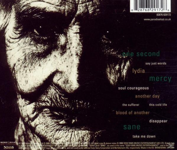 Albumcover mit Nahaufnahme des Gesichts eines alten Mannes und Trackliste von Paradise Lost.